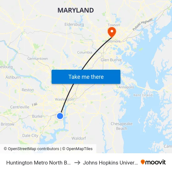 Huntington Metro North Bay C to Johns Hopkins University map