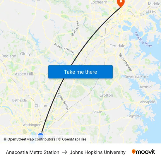 Anacostia Metro Station to Johns Hopkins University map