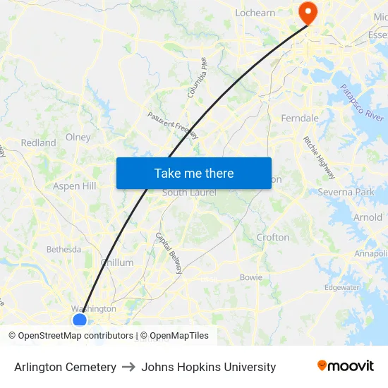 Arlington Cemetery to Johns Hopkins University map
