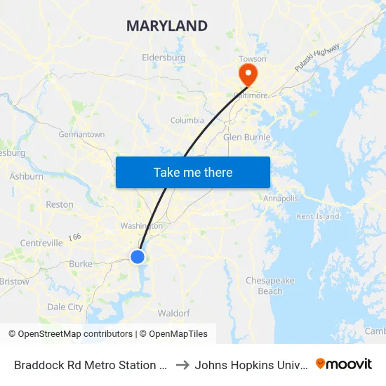 Braddock Rd Metro Station - Bay A to Johns Hopkins University map