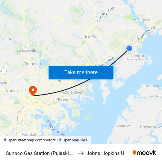 Sunoco Gas Station (Pulaski Hwy/Us 40) to Johns Hopkins University map