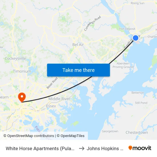 White Horse Apartments (Pulaski Hwy/Us 40) to Johns Hopkins University map