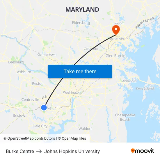 Burke Centre to Johns Hopkins University map