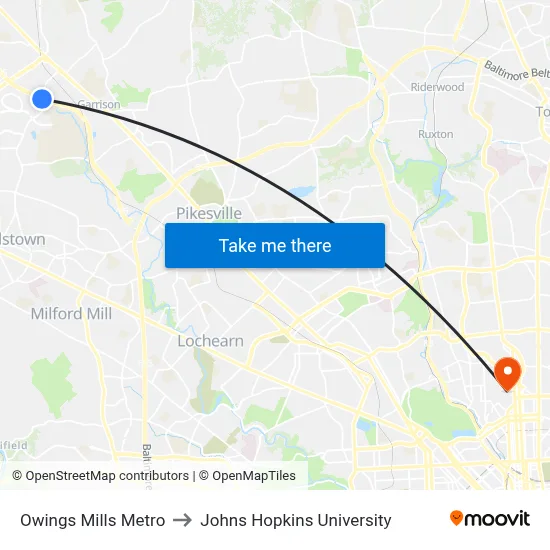 Owings Mills Metro to Johns Hopkins University map