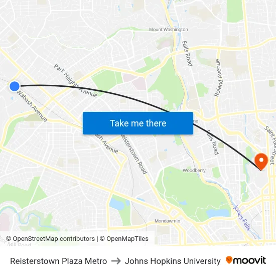 Reisterstown Plaza Metro to Johns Hopkins University map