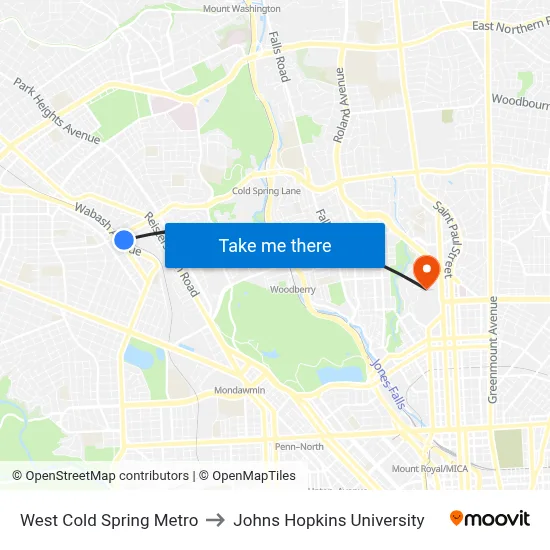West Cold Spring Metro to Johns Hopkins University map