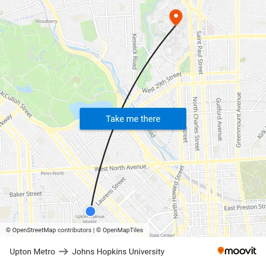 Upton Metro to Johns Hopkins University map
