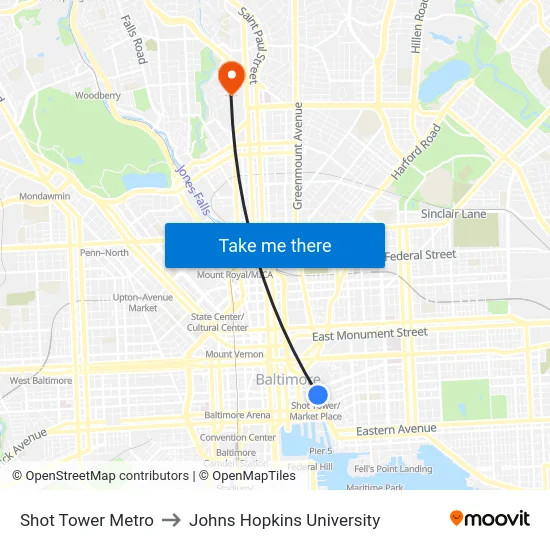 Shot Tower Metro to Johns Hopkins University map