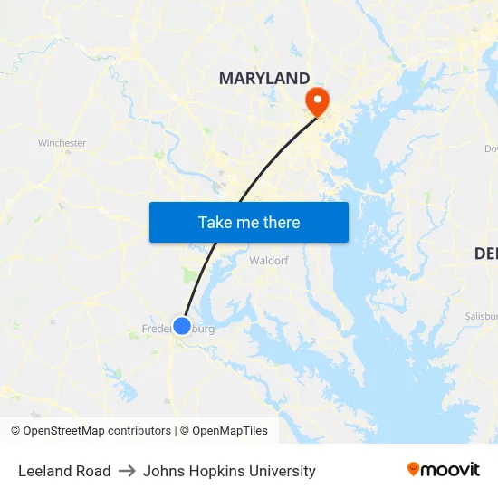 Leeland Road to Johns Hopkins University map