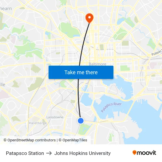 Patapsco Station to Johns Hopkins University map