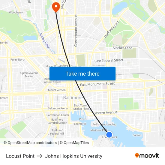 Locust Point to Johns Hopkins University map