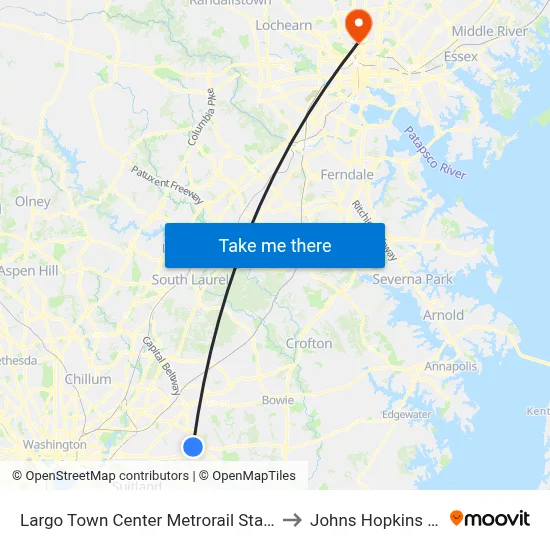 Largo Town Center Metrorail Station at Bus Bay F to Johns Hopkins University map