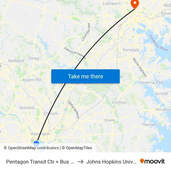 Pentagon Transit Ctr + Bus Bay U7 to Johns Hopkins University map