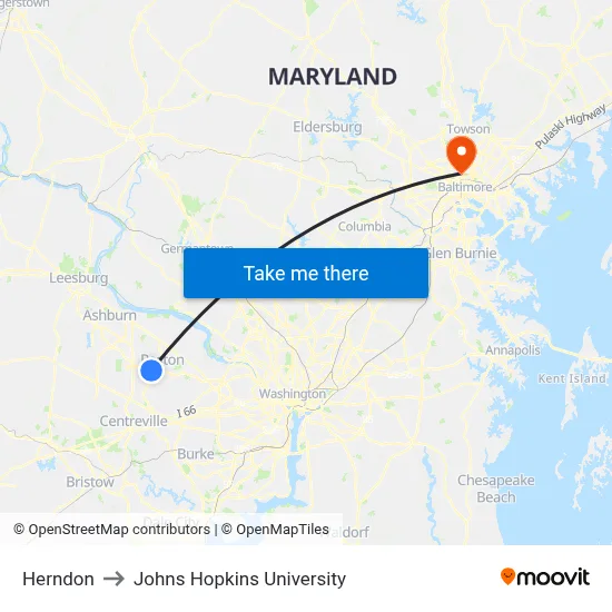 Herndon to Johns Hopkins University map