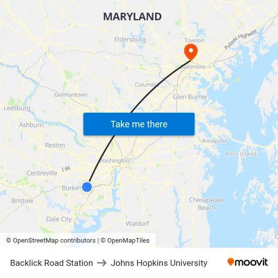 Backlick Road Station to Johns Hopkins University map