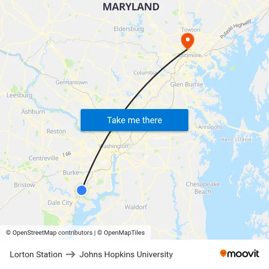 Lorton Station to Johns Hopkins University map