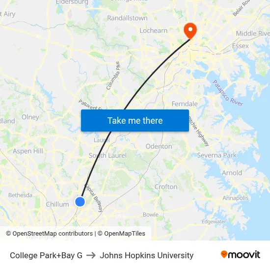 College Park+Bay G to Johns Hopkins University map