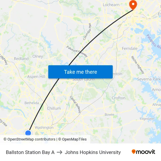 Ballston Station Bay A to Johns Hopkins University map