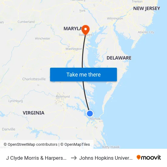 J Clyde Morris & Harpersville to Johns Hopkins University map