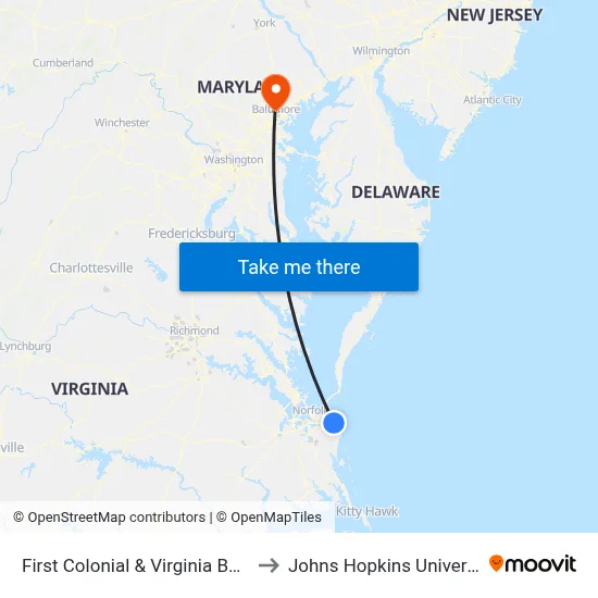First Colonial & Virginia Beach to Johns Hopkins University map