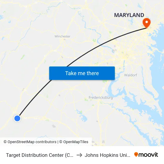 Target Distribution Center (Call Stop) to Johns Hopkins University map