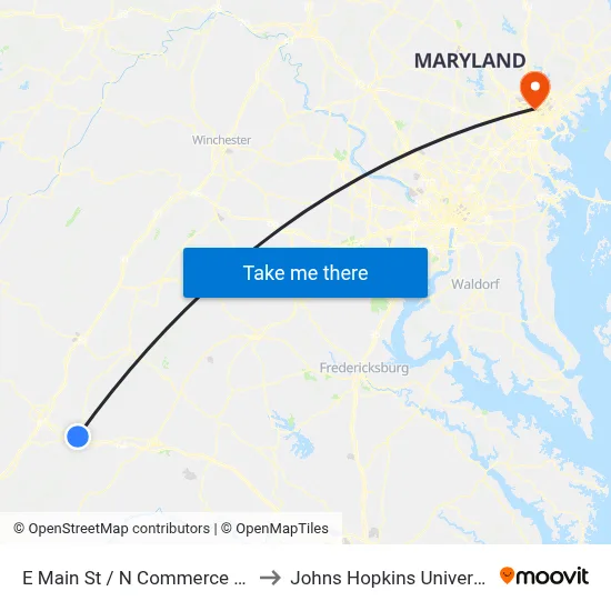 E Main St / N Commerce Ave to Johns Hopkins University map