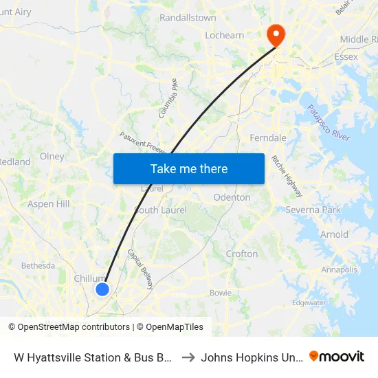 W Hyattsville Station & Bus Bay A, D, E, F to Johns Hopkins University map