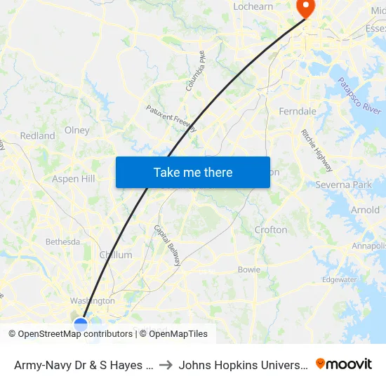 Army-Navy Dr & S Hayes St to Johns Hopkins University map