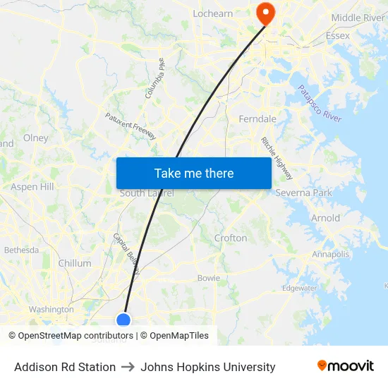 Addison Rd Station to Johns Hopkins University map