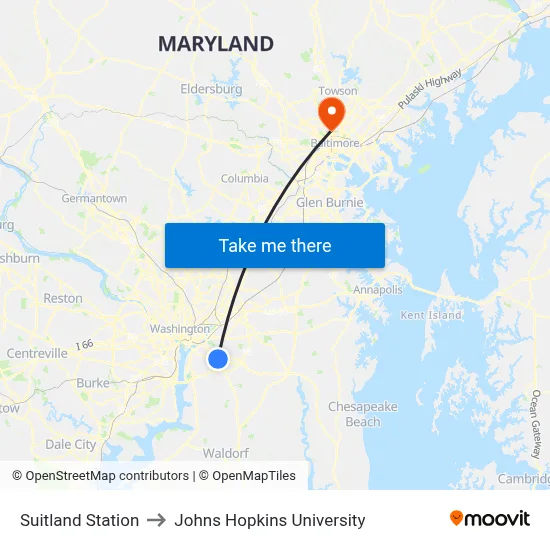 Suitland Station to Johns Hopkins University map