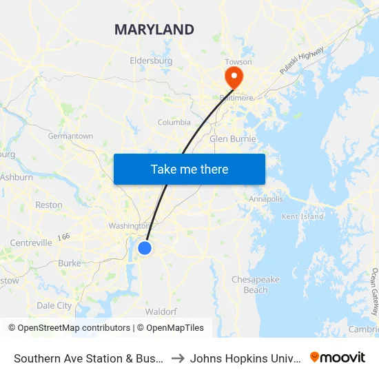 Southern Ave Station & Bus Bay Q to Johns Hopkins University map