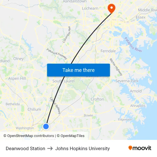Deanwood Station to Johns Hopkins University map