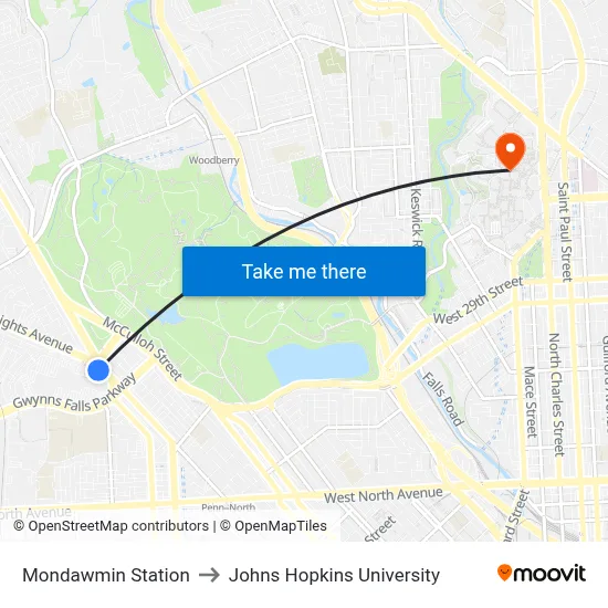 Mondawmin Station to Johns Hopkins University map