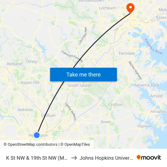 K St NW & 19th St NW (Main) to Johns Hopkins University map