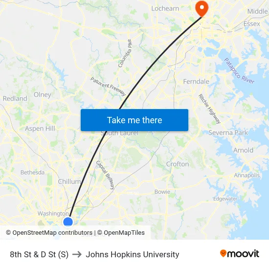 8th St & D St (S) to Johns Hopkins University map