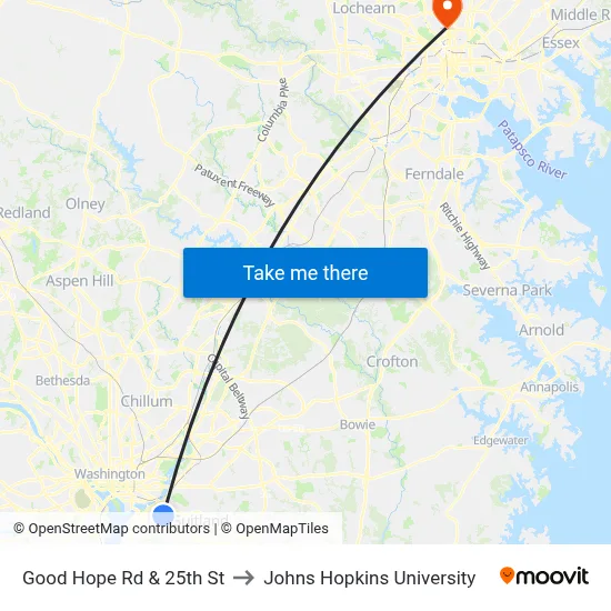 Good Hope Rd & 25th St to Johns Hopkins University map