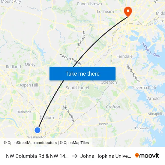NW Columbia Rd & NW 14th St to Johns Hopkins University map