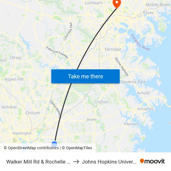 Walker Mill Rd & Rochelle Ave to Johns Hopkins University map