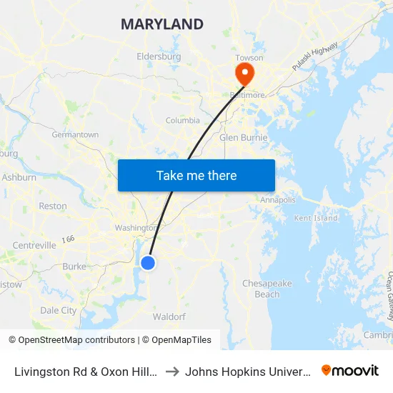 Livingston Rd & Oxon Hill Rd to Johns Hopkins University map