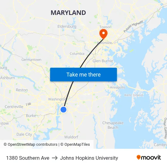 1380 Southern Ave to Johns Hopkins University map