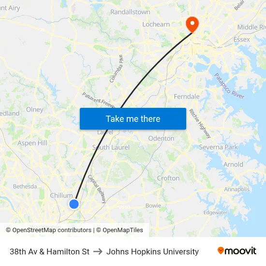 38th Av & Hamilton St to Johns Hopkins University map