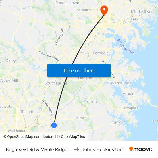 Brightseat Rd & Maple Ridge Apts #2 to Johns Hopkins University map