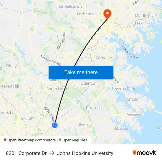 8201 Corporate Dr to Johns Hopkins University map