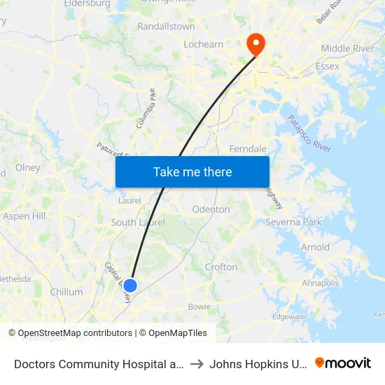 Doctors Community Hospital at Bus Shelter to Johns Hopkins University map