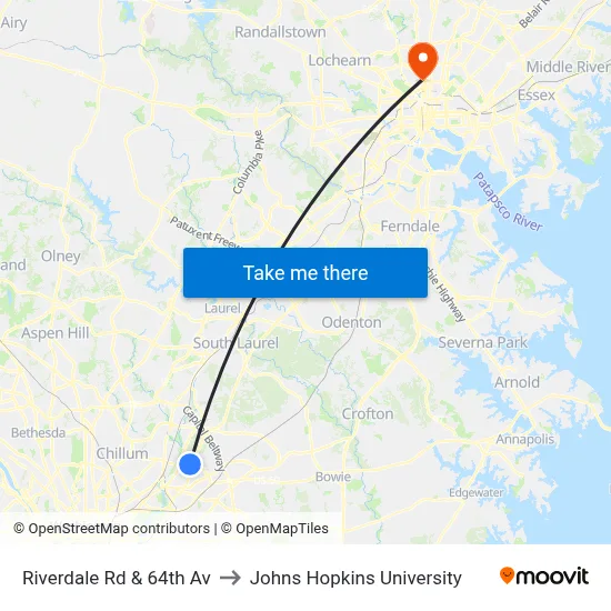 Riverdale Rd & 64th Av to Johns Hopkins University map
