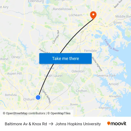 Baltimore Av & Knox Rd to Johns Hopkins University map