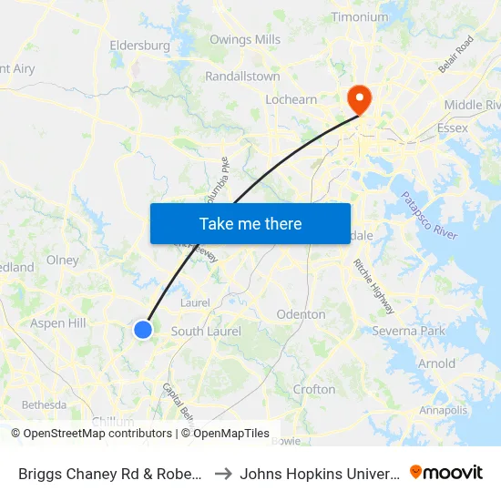 Briggs Chaney Rd & Robey Rd to Johns Hopkins University map