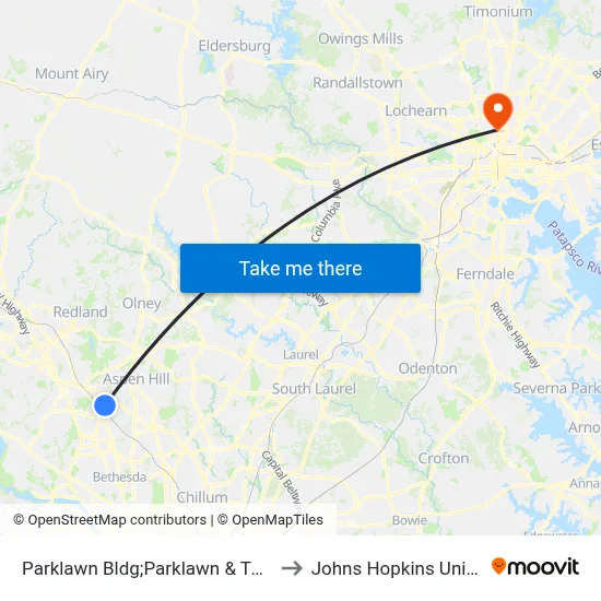 Parklawn Bldg;Parklawn & Twinbrook to Johns Hopkins University map