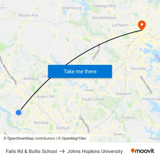 Falls Rd & Bullis School to Johns Hopkins University map