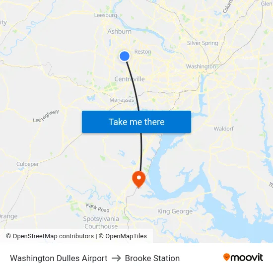 Washington Dulles Airport to Brooke Station map